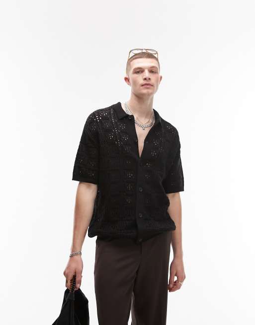 Topman - Ajourgebreid overhemd met knoopsluiting in zwart