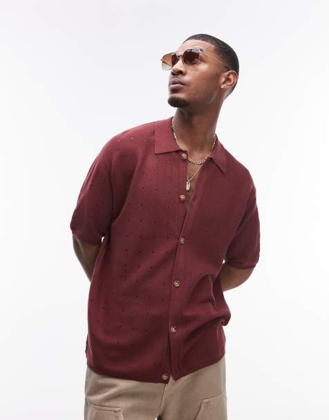 Topman - Ajourgebreid poloshirt in bordeauxrood - view 1