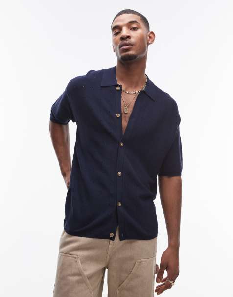 Topman - Ajourgebreid poloshirt in marineblauw - view 1