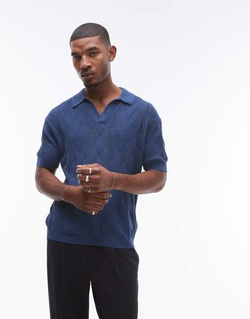 Topman - Ajourgebreide polo met diamantpatroon in marineblauw
