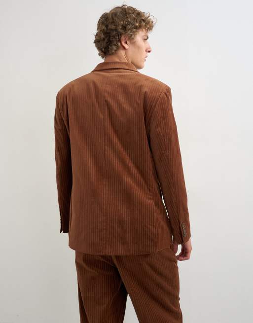 Topman americana de corte relajado, doble botonadura, de terciopelo a rayas en camel, 3 de 5