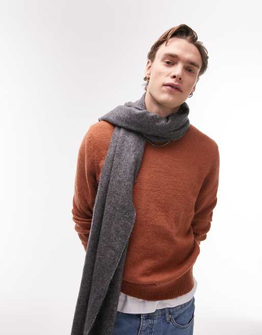 Topman – Angerauter Strickpullover in Braun mit Rundhalsausschnitt