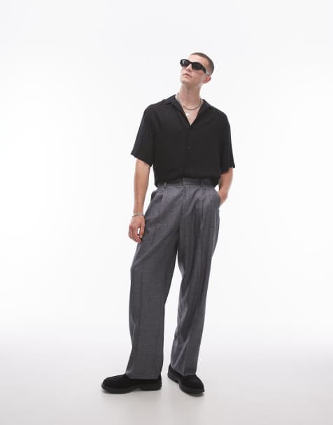 Topman – Anzughose in Grau mit Kreuzschraffur und weitem Bein - view 1