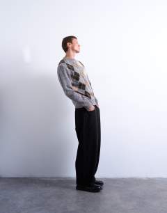 Model wearing Argyle knit crew in brown