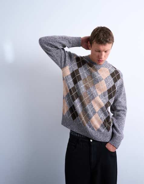 Topman argyle knit crew neck sweater in brown - view 1