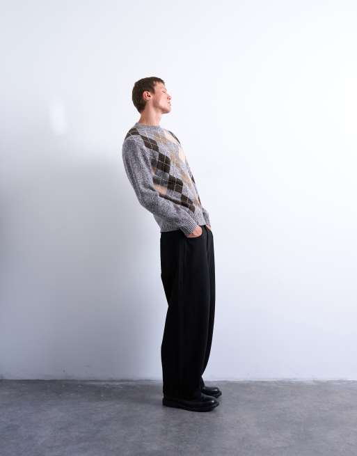 Topman argyle knit crew neck sweater in brown | ASOS