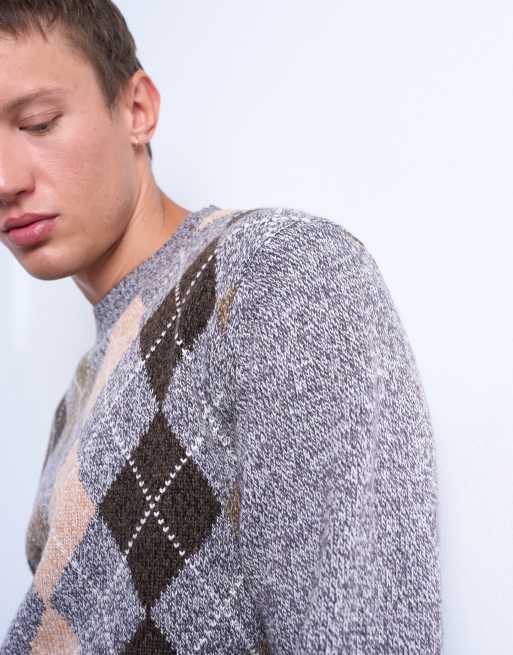 Topman argyle knit crew neck sweater in brown | ASOS