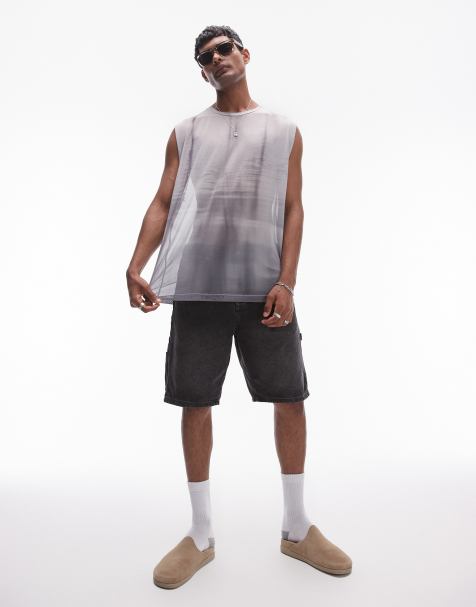 Topman – Ärmelloses Oversize-T-Shirt in Schwarz aus Netzstoff mit Space-Dye-Print - view 1
