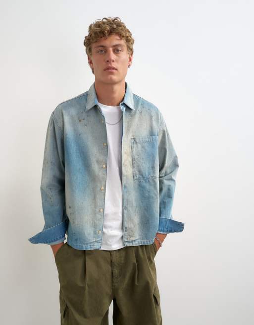 Topman avslappnad denimskjorta med slitningar i ljus tvätt, 2 av 5