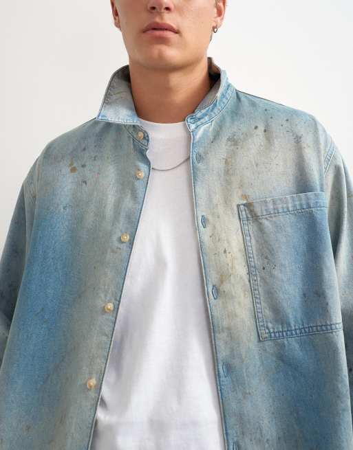 Topman avslappnad denimskjorta med slitningar i ljus tvätt, 3 av 5