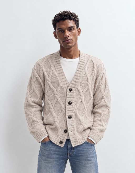 Topman avslappnad passform flätstickad kofta i beige, 8 av 9