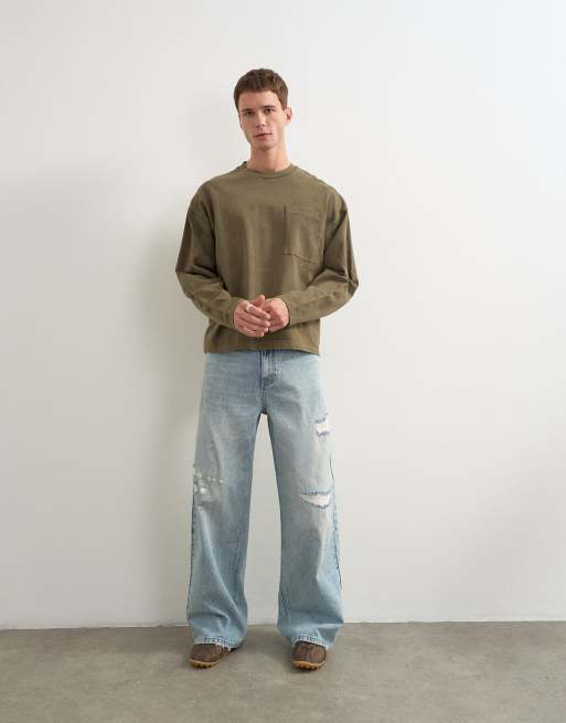 Topman avslappnad passform långärmad kraftig t-shirt i tvättad khaki, 2 av 5