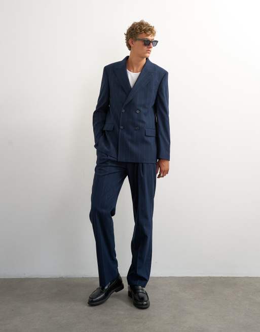 Topman – Marinblå, dubbelknäppt kostym i relaxed fit med kritstrecksränder, 3 av 3