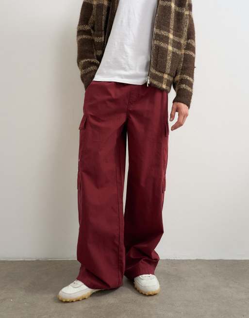 Topman baggy fit nylon ripstop cargos in burnt red, 2 of 5