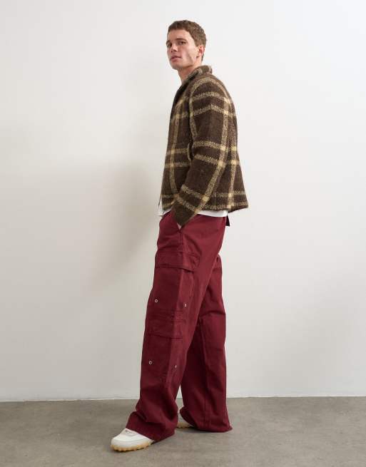 Topman baggy fit nylon ripstop cargos in burnt red, 3 of 5
