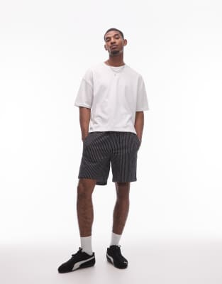 Topman baggy fit texture stripe shorts in black - view 1
