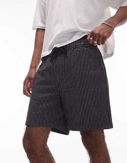 Topman baggy fit texture striped shorts in black, 2 of 5