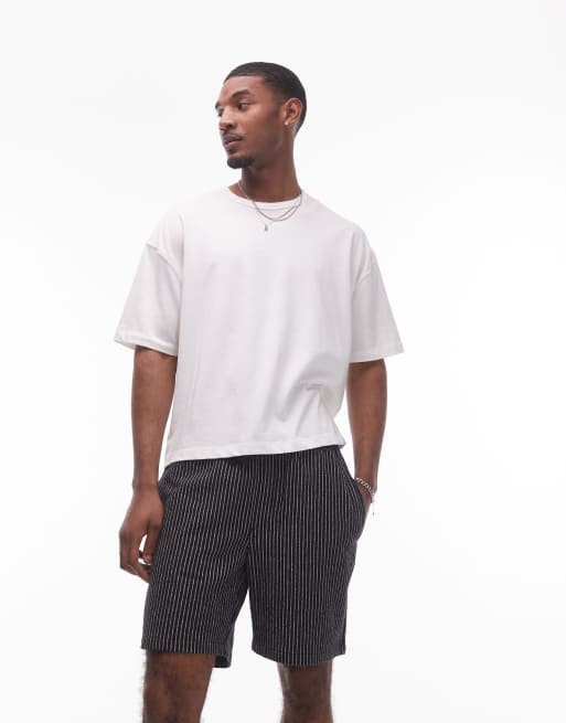 Topman baggy fit texture striped shorts in black, 4 of 5
