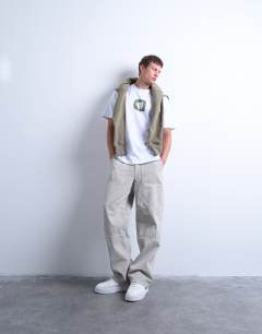 Baggy fit twill chino with leg panels in stone
