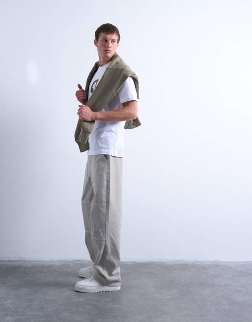 Topman baggy fit twill chinos with leg panels in stone, 3 of 5