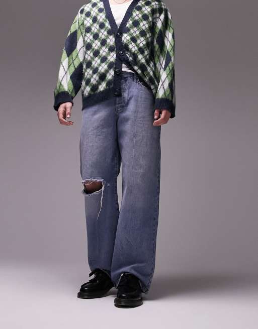 Topman - Baggy jeans med flænser i mellemvasket blå, 2 af 4