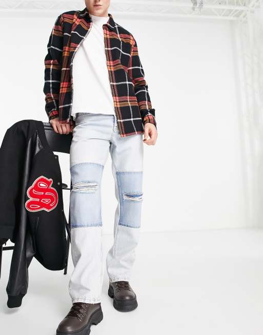 Topman - Baggy jeans med flænser og lapper i lys blå vask