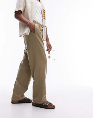Topman baggy leg elastic waist sweatpants in khaki