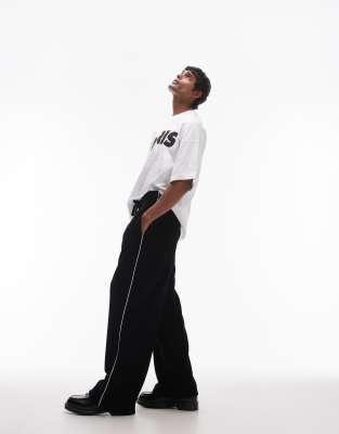 Topman baggy leg velour joggers with side piping in black