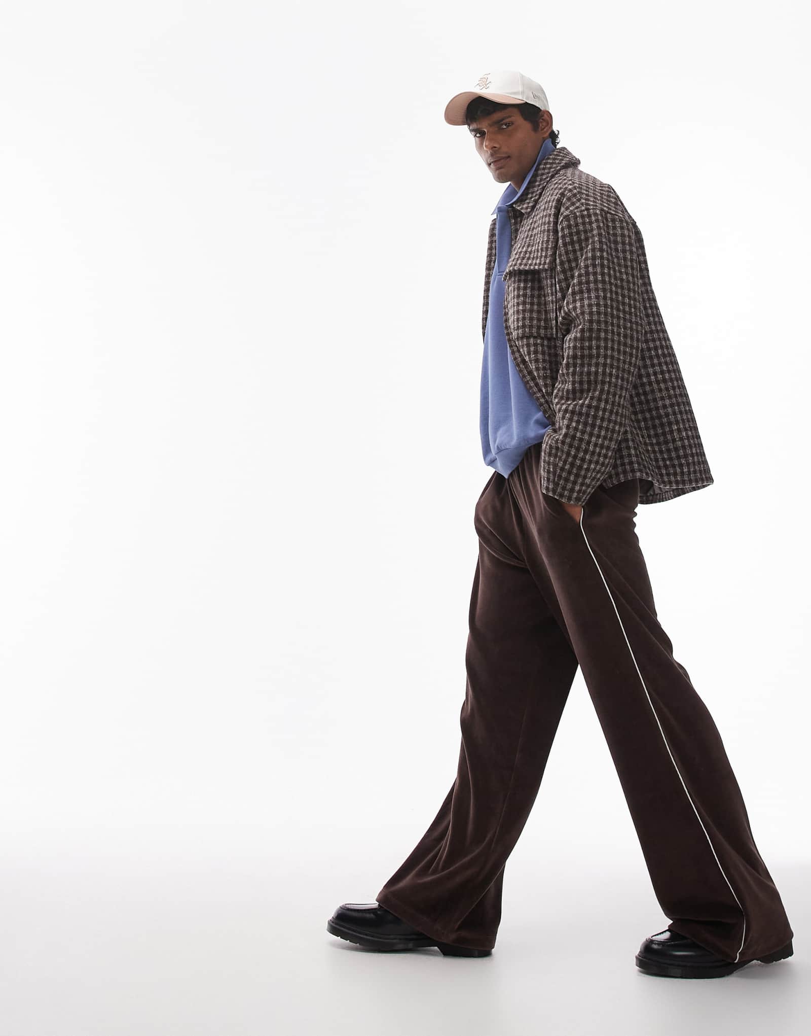 Велюровые спортивные широкие брюки Topman коричневого цвета с белым кантом по бокам