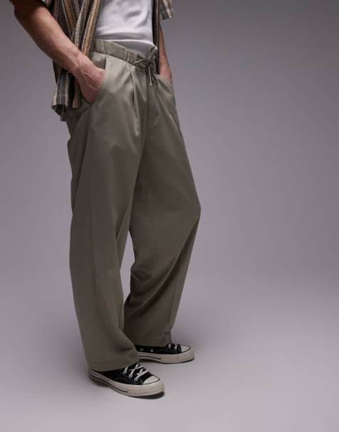 Topman baggy leg with elasticated tie waist jogger in khaki - view 1