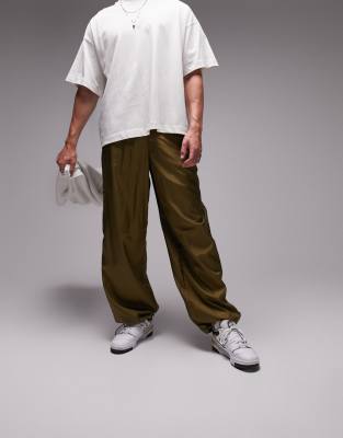 Topman baggy nylon pants in khaki