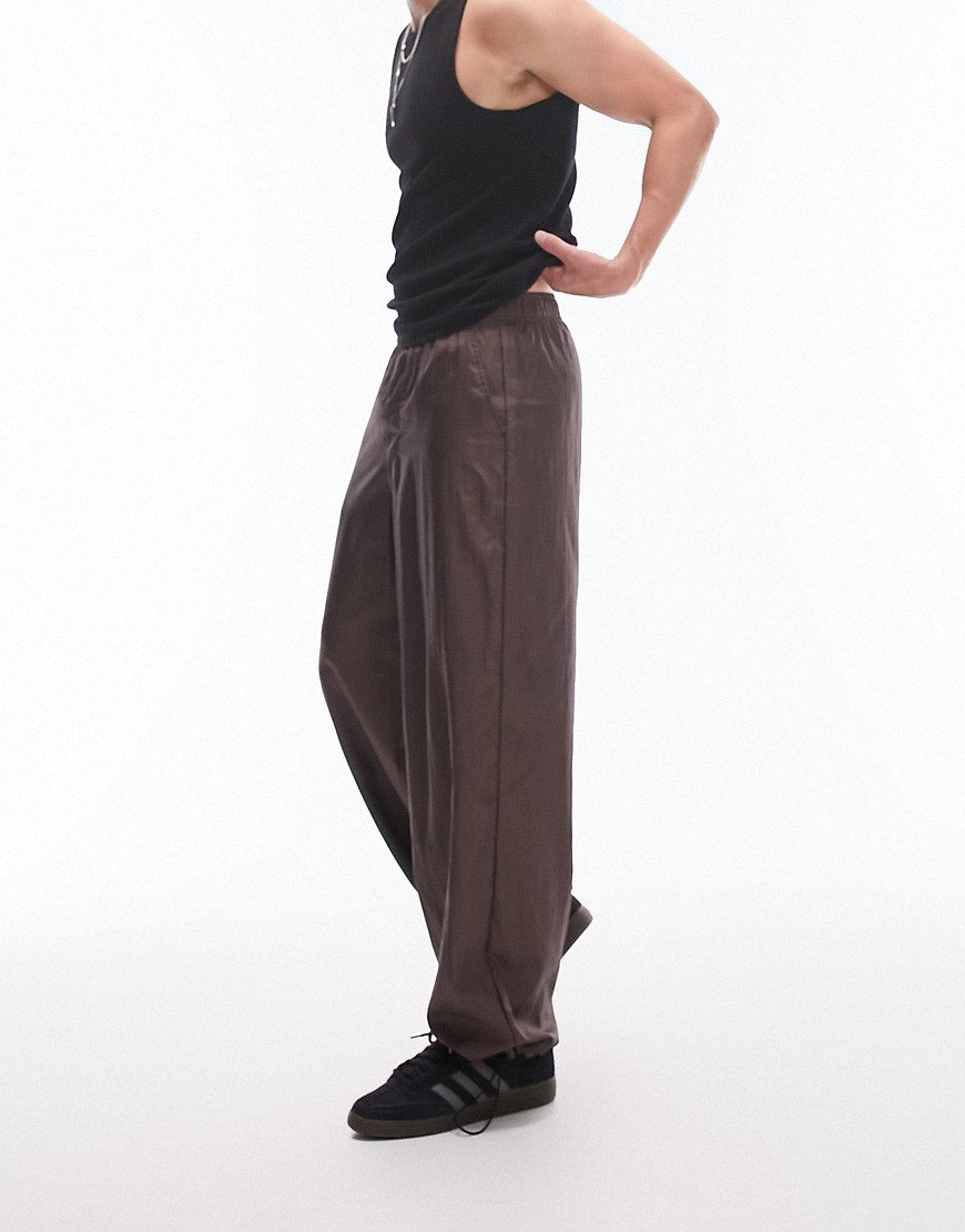 Topman baggy nylon trousers in brown