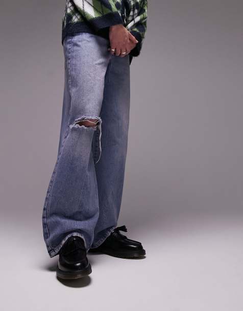 Topman baggy ripped jeans in mid wash blue - view 1