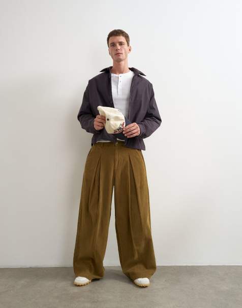 Topman balloon fit cord pant with pleats in camel - view 1
