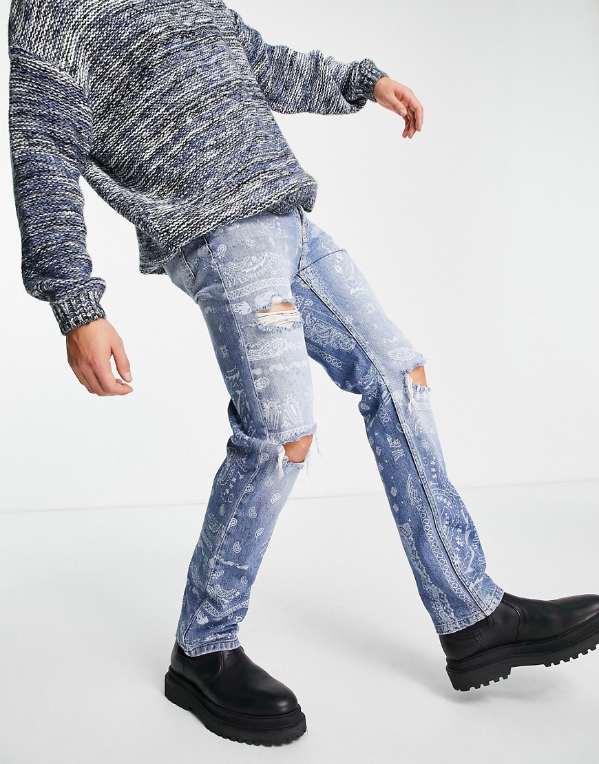 Topman bandana print rip straight jeans in light wash-Blue