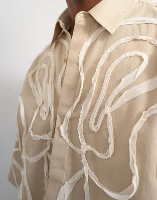 Topman – Beige, avslappnad, kort skjorta med heltäckande, blommiga repapplikationer, 4 av 5