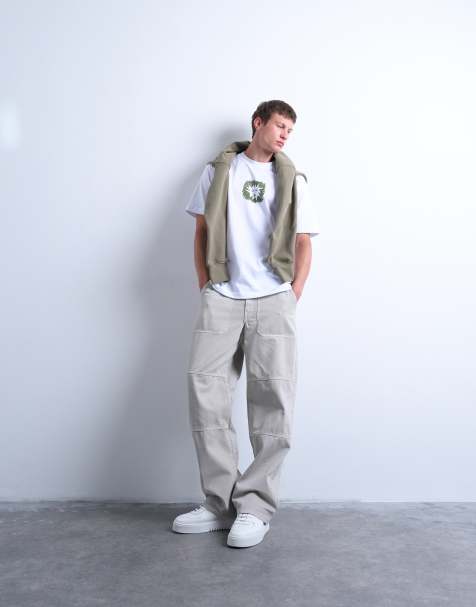 Topman – Beige, baggy chinos i twill med benpaneler - view 1