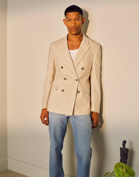 Topman - Beige dobbeltradet blazer i hørblanding - view 1