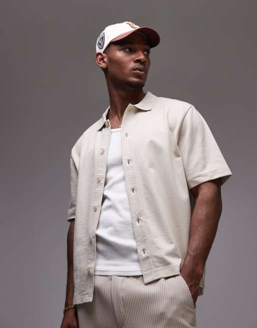 Topman - Beige firkantet jerseyskjorte med knapper