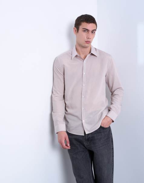 Topman - Beige gennemsigtig skjorte med striber i regular fit - view 1