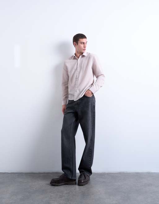 Topman - Beige gennemsigtig skjorte med striber i regular fit, 3 af 5