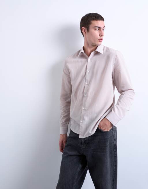 Topman - Beige gennemsigtig skjorte med striber i regular fit, 4 af 5