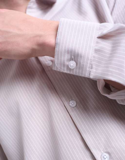 Topman - Beige gennemsigtig skjorte med striber i regular fit, 5 af 5