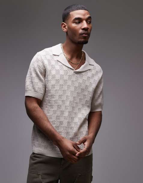 Topman - Beige hæklet poloskjorte med mønster - view 1
