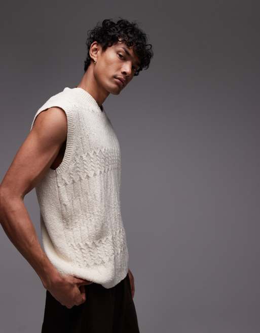 Topman - Beige kabelstrikket tanktop i afslappet pasform