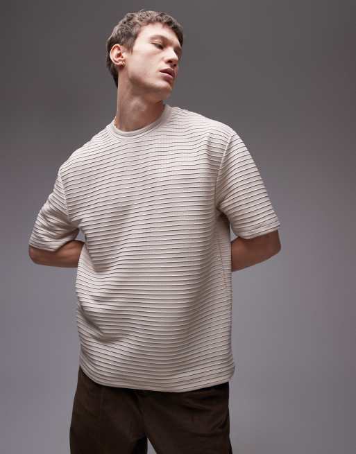 Topman - Beige og elegant T-shirt med ribber i oversized fit