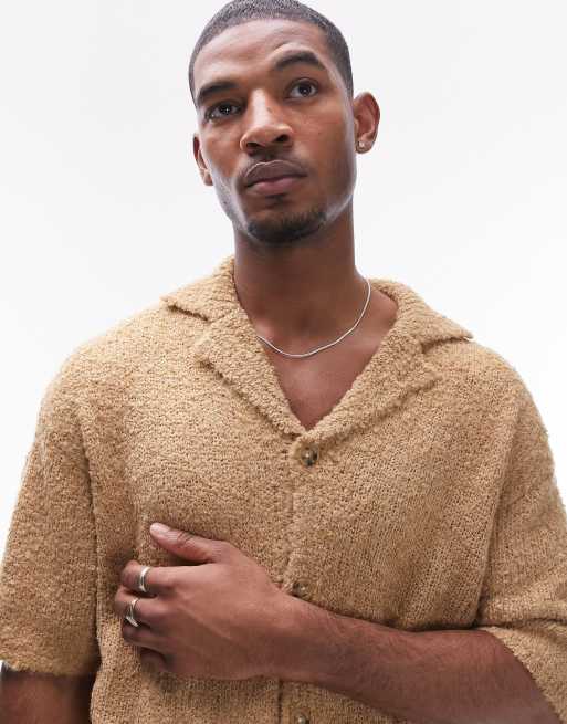 Topman - Beige poloskjorte med gennemgående knapper i bouclé