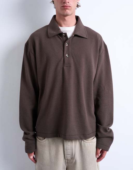 Topman - Beige sweatshirt med polokrave og vaffeltekstur i firkantet pasform, 3 af 5