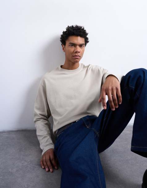 Topman - Beige T-shirt med lange ærmer i afslappet pasform - view 1