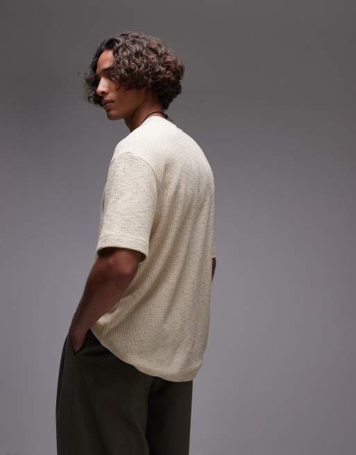 Topman - Beige T-shirt med strikket tekstur i afslappet pasform, 4 af 4